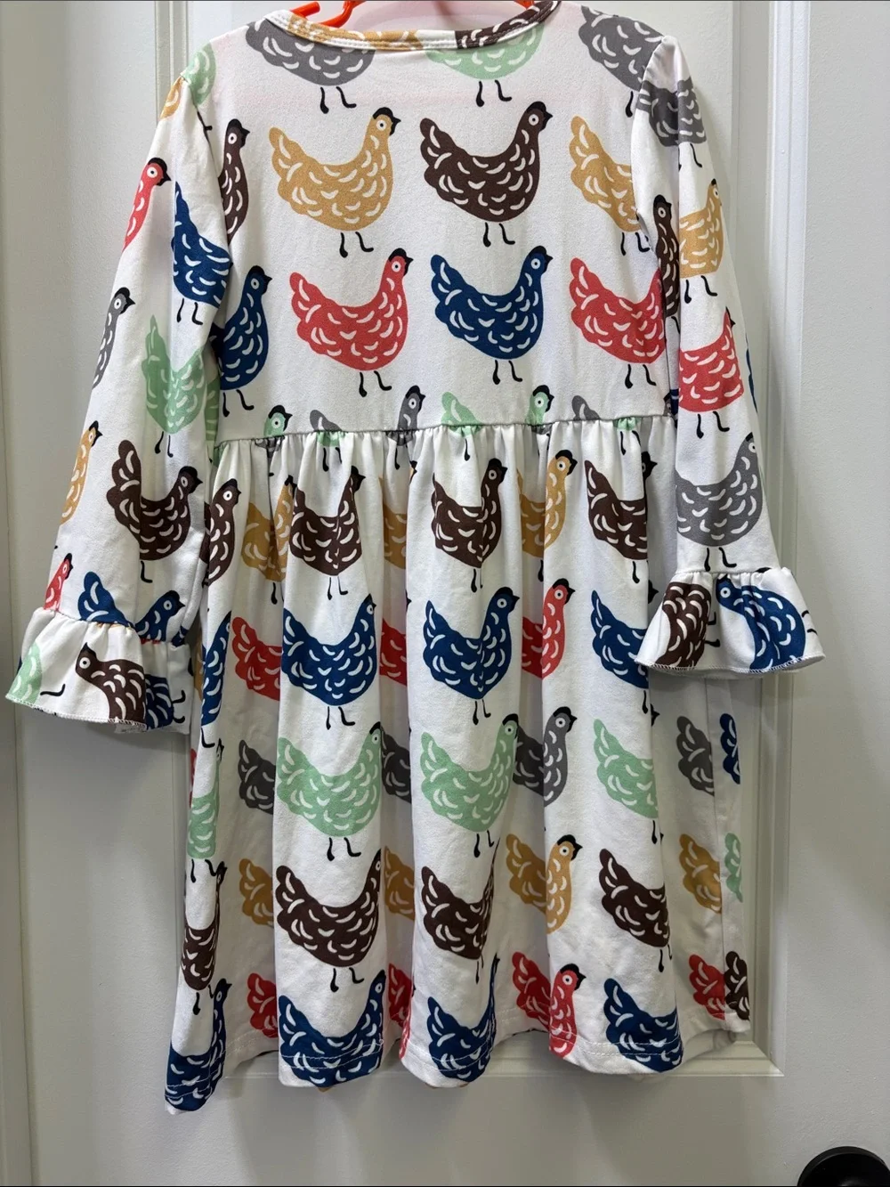 Girls' Hen Print Long Sleeve Dress - White with Multi-Color Hens